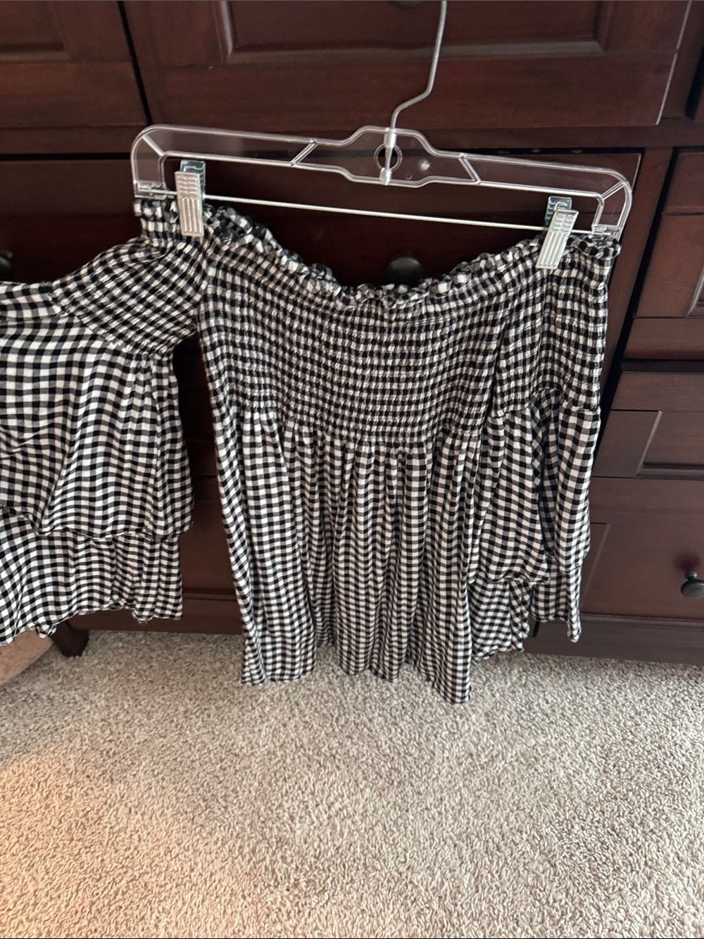 Off-Shoulder Black and White Gingham Women's Shirt